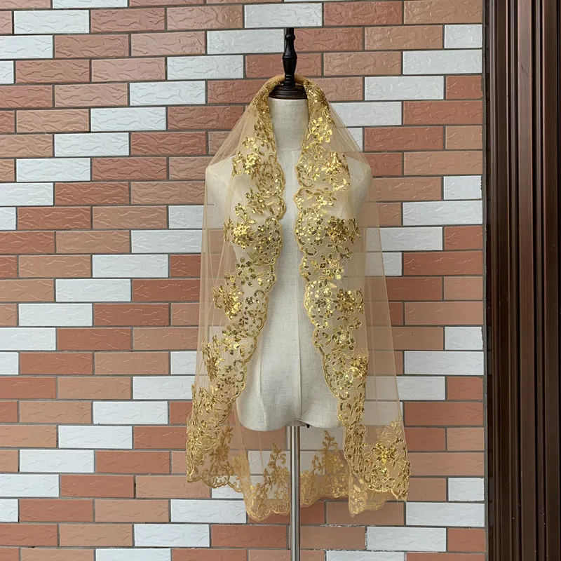 金色のスパンコール付きレースヘッドドレス、緑色で鉄製の櫛が挿入されたもの、ブライダルヘッドドレス、ヨーロッパとアメリカの短いカラーのウェディングベール