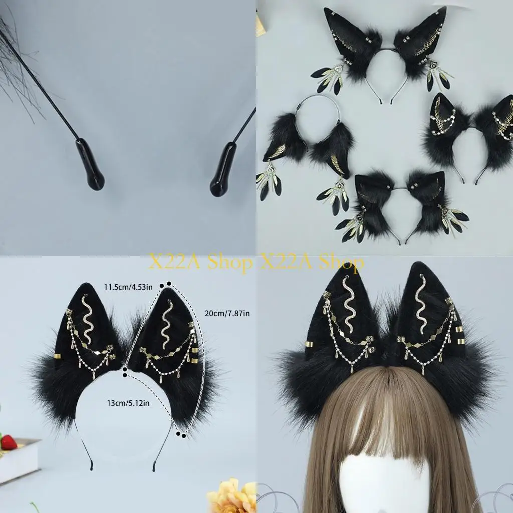 

Unique Christmas Performances Foxes Ear Hairband with Alloy Earring Decor Foxes Ear Headbands Gothic Cartoon Hair Hoop