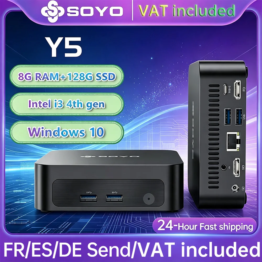 SOYO Mini PC Y5 Processeur Intel Core i3 4e génération 8 Go de RAM 128 Go de SSD Windows 10 Mini ordinateur de bureau Sortie multi-écrans 4K WiFi et Bluetooth 4.2 USB-C RJ45 Ethernet PC compact de petite taille pour la maison, le bureau, les entreprises et l'usage quotidien