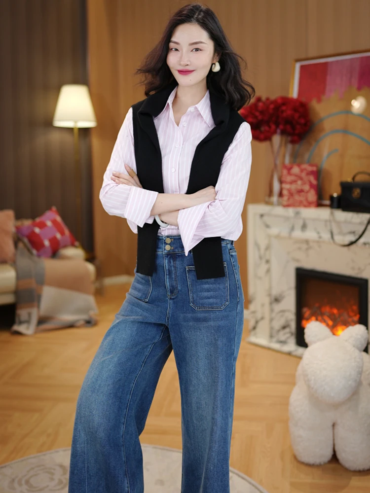 

Хлопковая рубашка с вертикальными полосками для похудения, универсальная, для многослойных образов, с острым воротником, женская, базовая, с длинным рукавом, весенний сезон