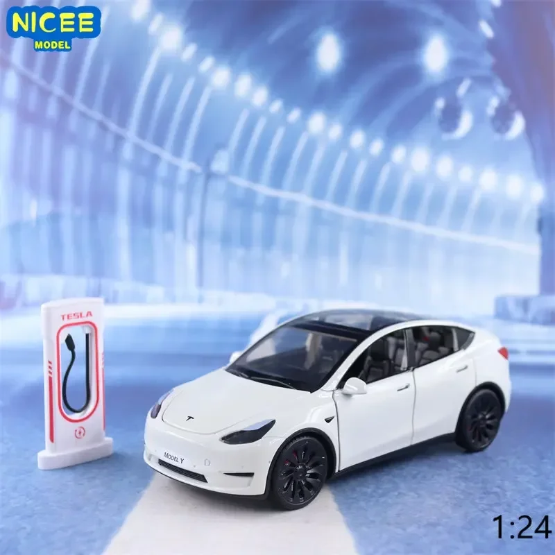 Tesla Model Y High Simulation Diecast Metal Alloy Toy for Kids, Toy Gifts, Car Sound Light, Rib Back Collection, F544, 1:24