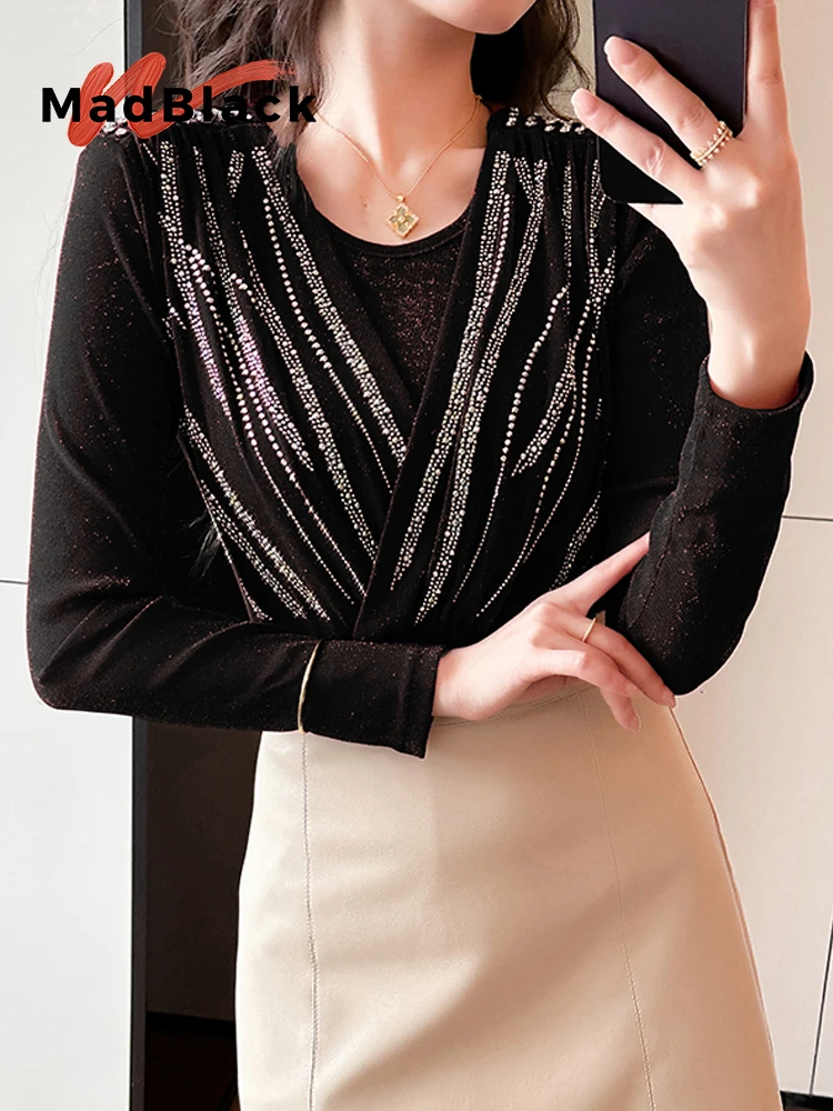 

MadBlack-Women European T-Shirt, Sexy V Neck Beading Patchwork, Streetwear Long Sleeve Slim S-3XL Tee, 2026 Spring New T61012CC