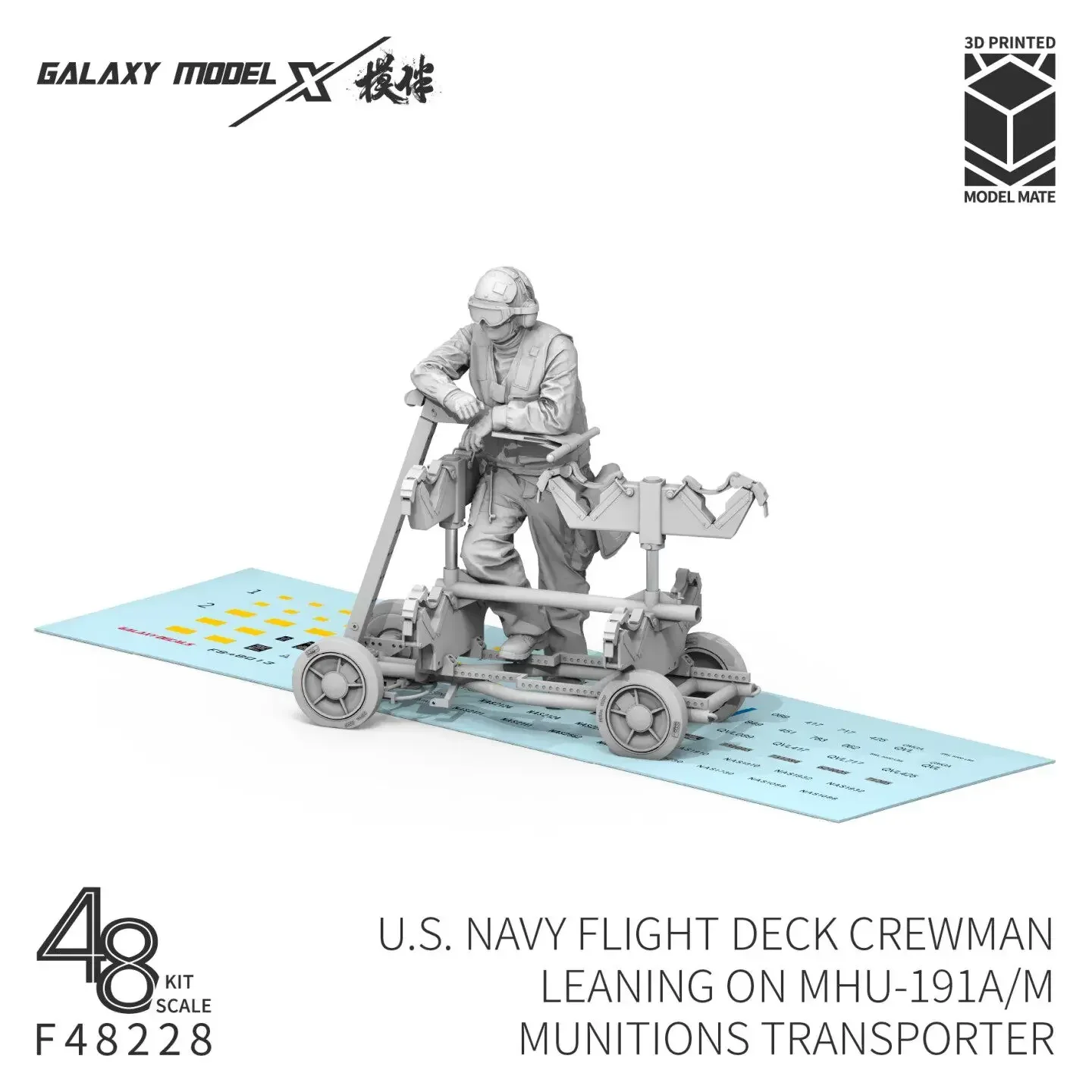 galaxy-1-48-scale-us-navy-flight-deck-crewman-leaning-on-mhu-191a-m-munitions-transporter-hobby-diorama-f48228