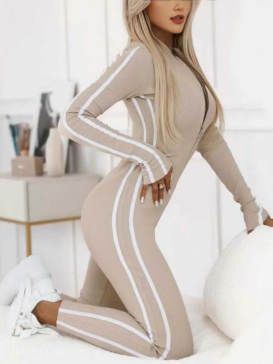 Slimfitting Longsved Jumpsuit for Women High Waist Zipper Long Sve ly Faion Polyester Pantsuit Versatile mid Waist