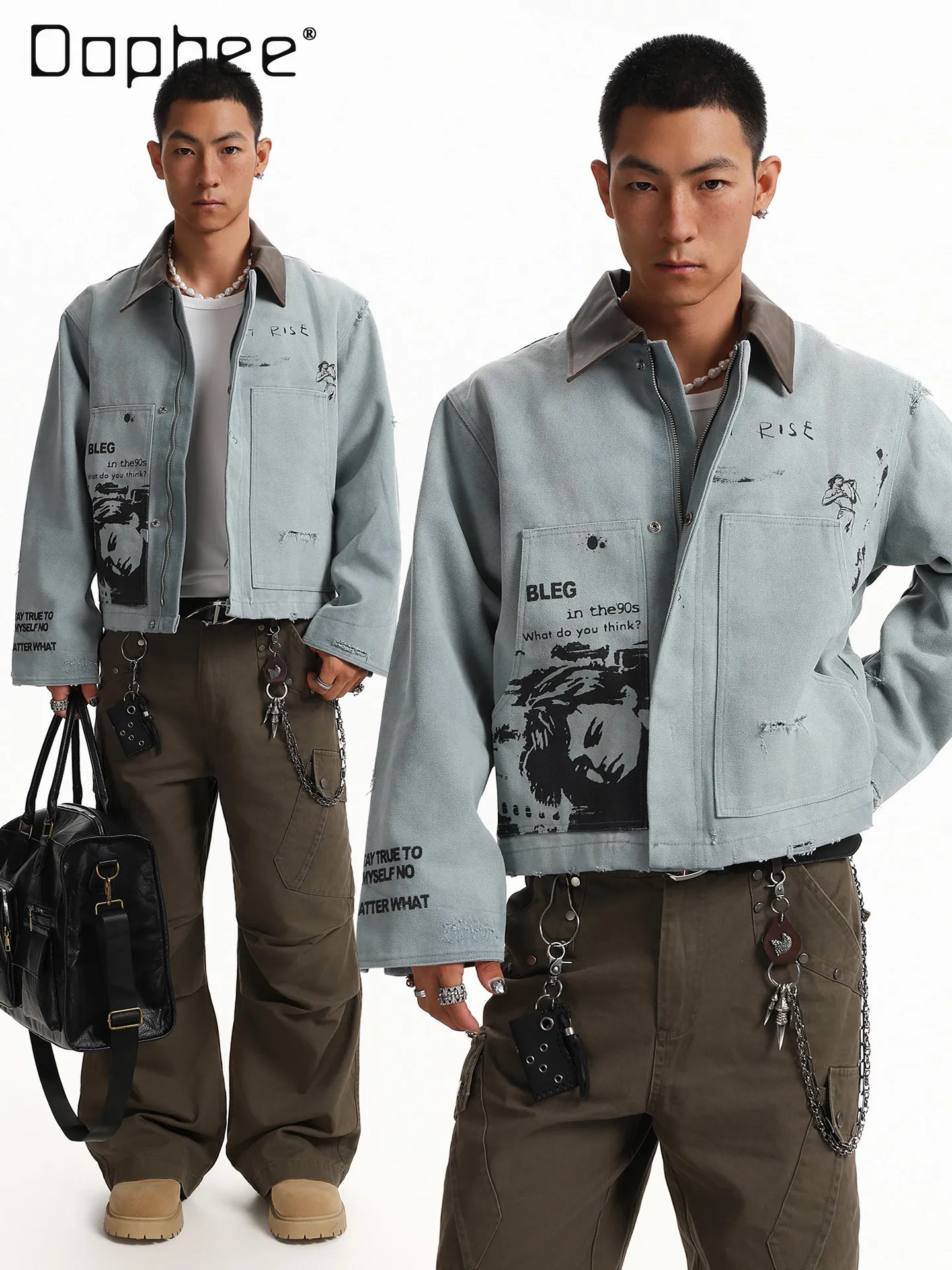 

2026 Spring and Autumn New American Retro Street Style Character Print Men's Vintage Loose Casual Versatile Blue Jacket