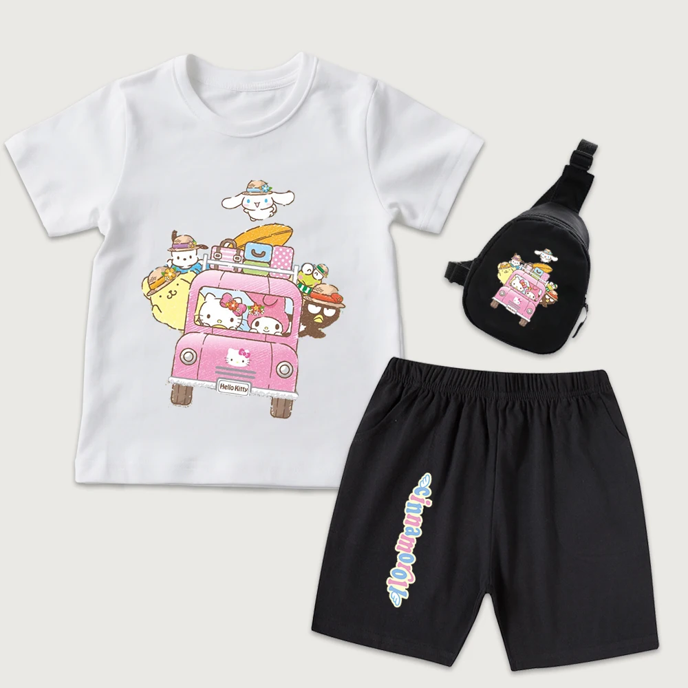 

Детская хлопковая футболка с принтом Hello Kitty and Friends Summer Trip, шорты, мини-сумка на грудь, комплект из 3 предметов для мальчиков и девочек, летняя одежда