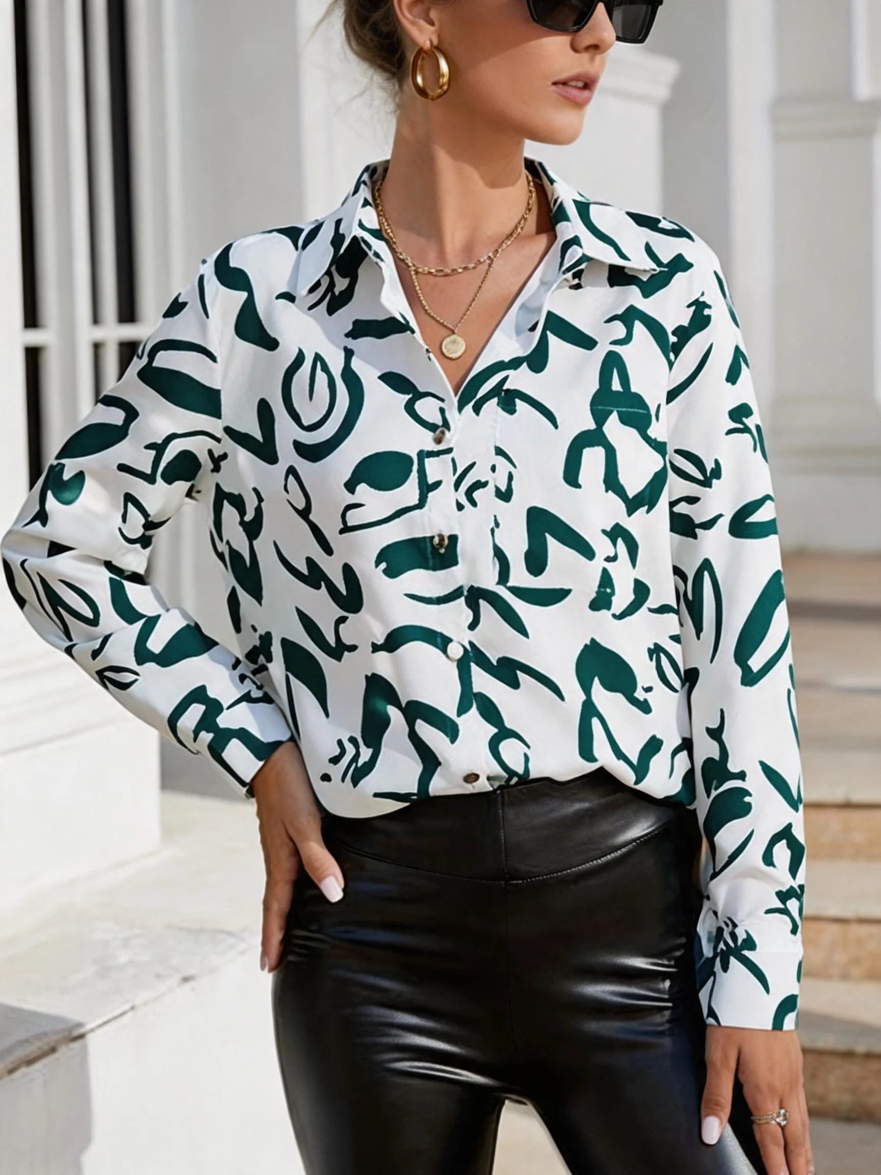 

Spring Autumn Abstract Ink Green Print Long Sleeve Shirt Women's Loose Slimming Commute Casual Fashion Satin Collar Blouse