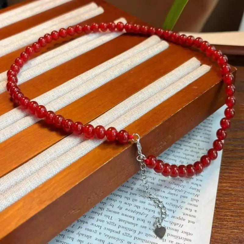 Handmade 6 mm Red Agate Bead Necklace 18 inches Cuff Lucky Fancy Chain Dark Matter Pray Glowing Relief National Style