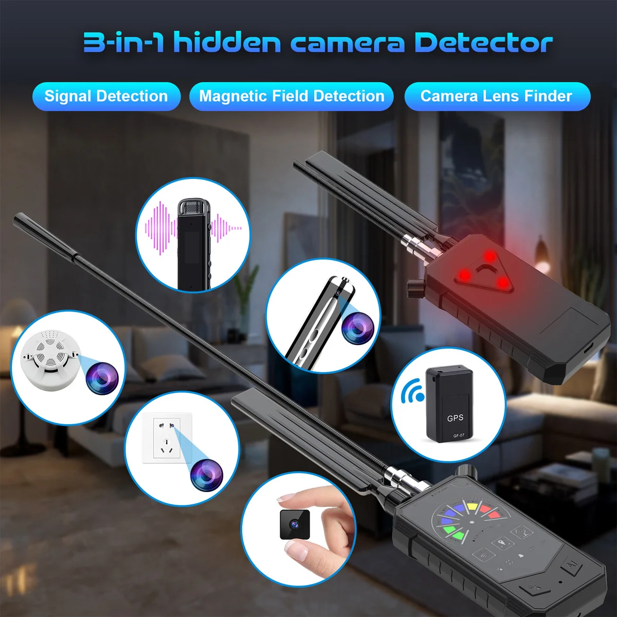 Smart P7000 Anti Spy Detector GPS Tracker Finder Hidden Camera Detector with AI Technology and Magnetic Probe Detection