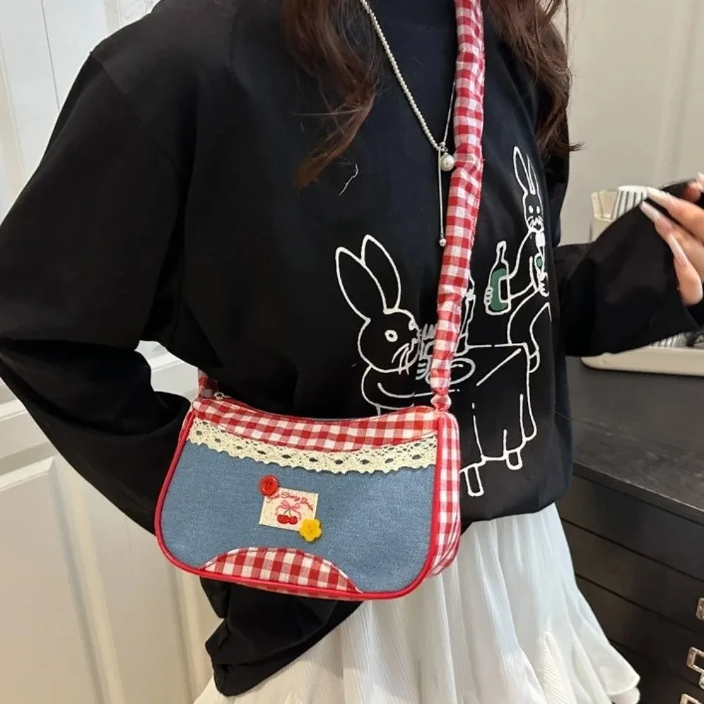 

Lovely Rural Style Lattice Shoulder Bag Leisure Plaid Denim Underarm Bag Commuting Drawstring Crossbody Bag Women
