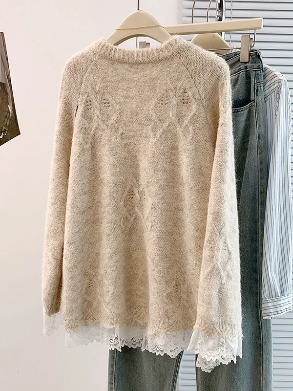 Schlankheitseffekt, schwere Verzierung, Spitze, große Schleife, Oulder-Pullover, koreanisches Sle Long Sve, rundes, gestricktes Top für Damen
