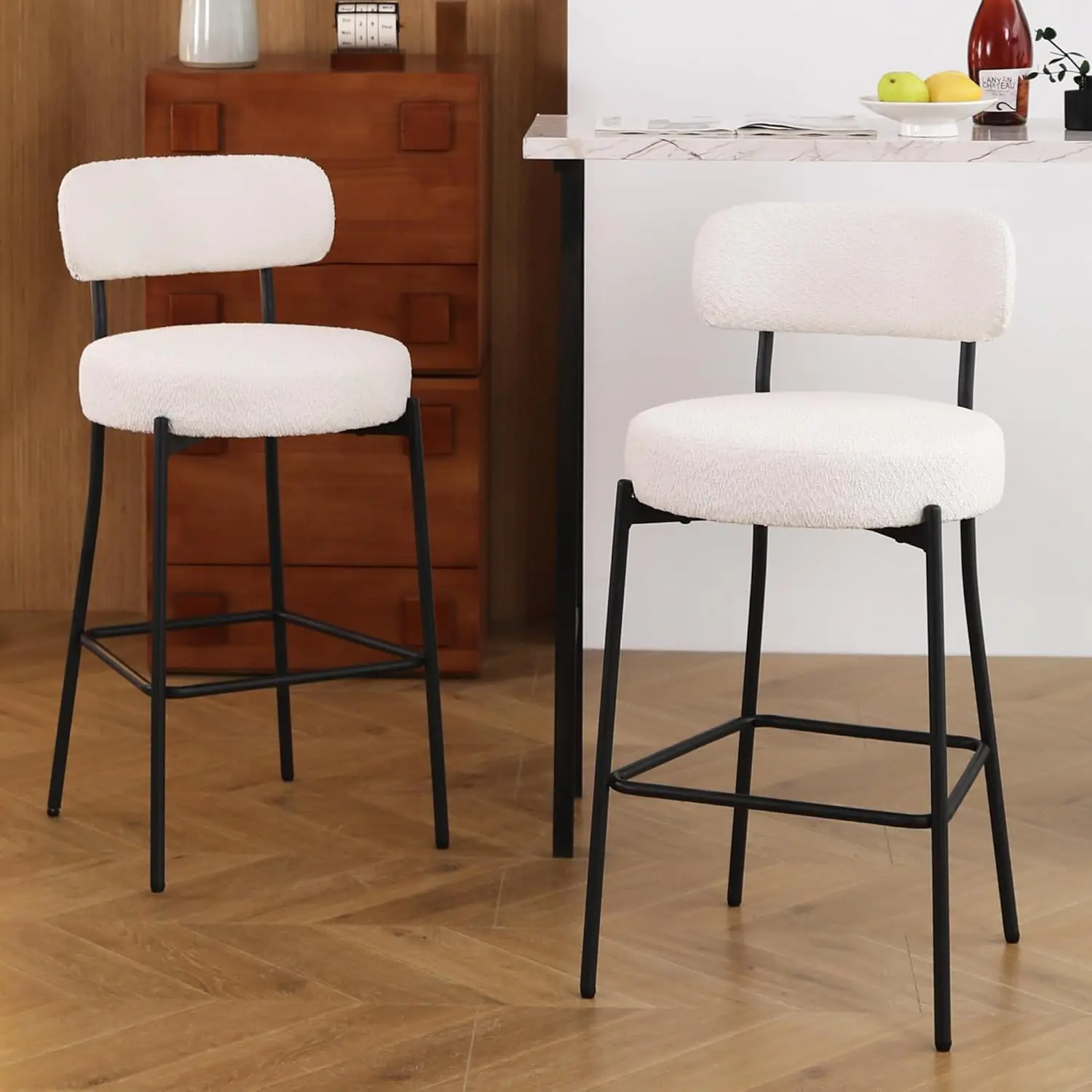 DYHOME Bar Stools Set of 2, 27 Inches Boucle Counter Height Bar Stools with Back, White Modern Tall Bar Stools with Metal Legs。