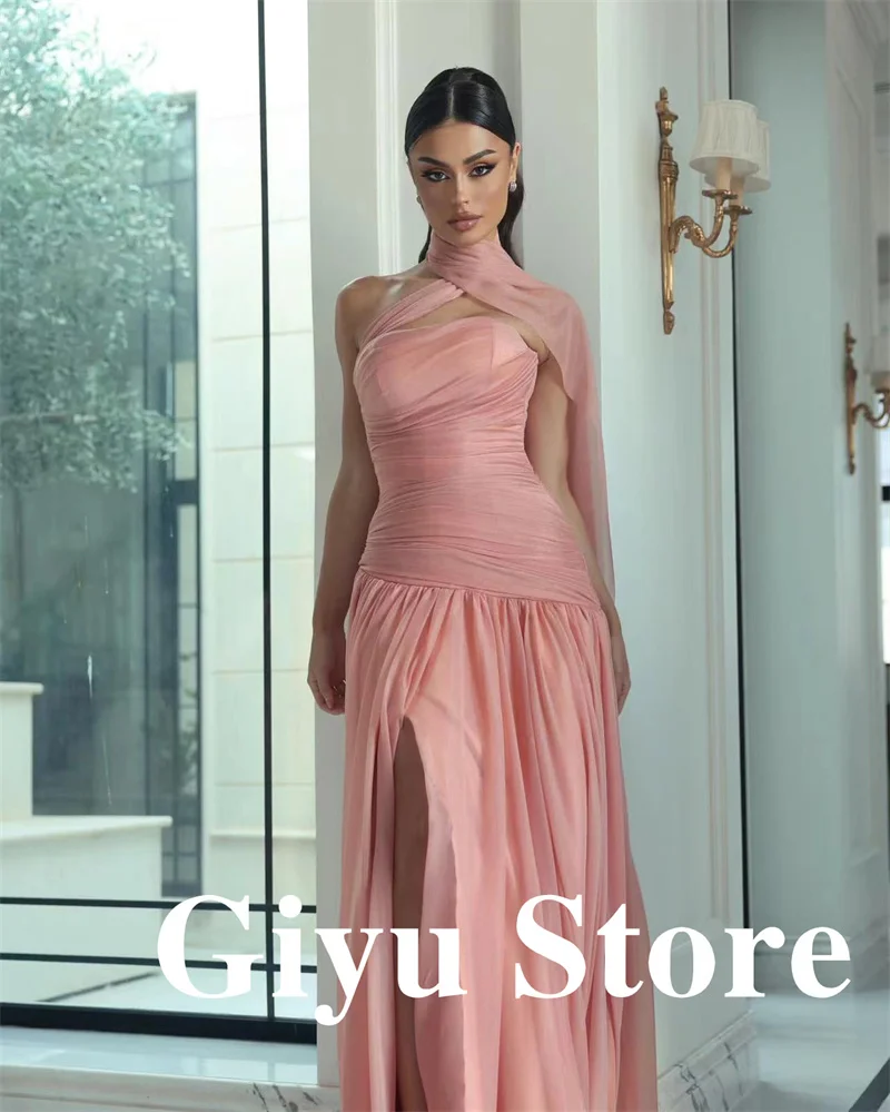 Giyu Elegant Blush Pink Silk Chiffon Evening Dresses With Scalf Pleats Floor Length Wedding Party Guest Women Prom Gowns