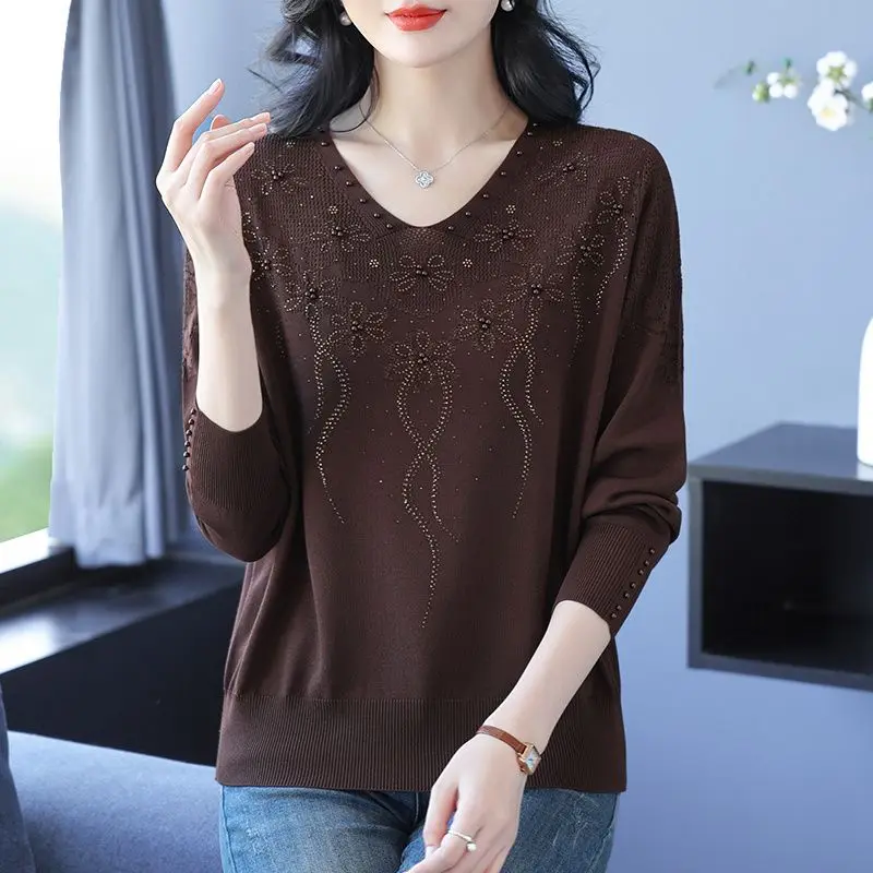 Winter Spring Autumn Women's Mulberry Silk Knitwear T-Shirt High-End Bling Bling Sweater Chic Thick Hot Drill Clothes for Women