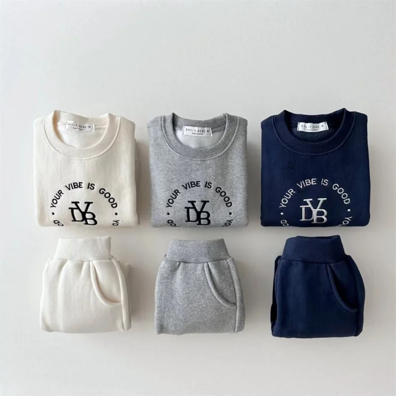 

Autumn Winter New Children's Clothing Boys and Girls Baby Infant Cotton Soft Fleece Round Neck Trendy Long Pants Two-Piece Set