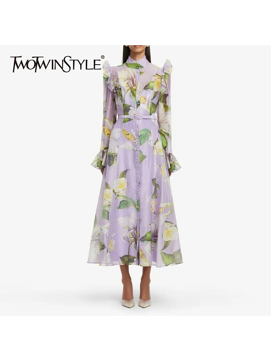 Twotwinstyle impressão emendado babados vestidos casuais para mulheres gola mangas compridas retalhos cinto moda vestido feminino novo