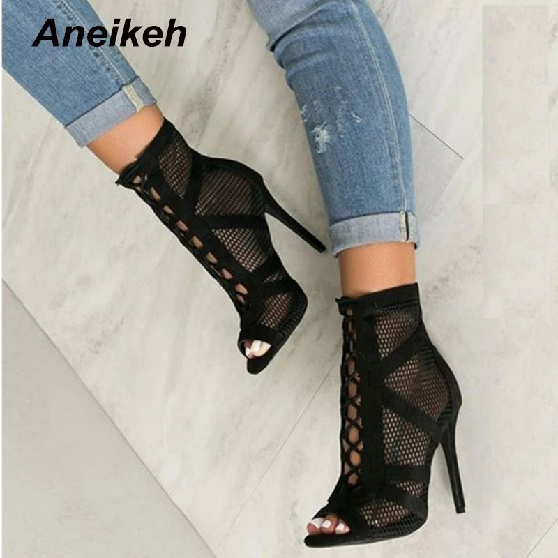 Aneikeh 2024 Fashion Basic Dancing Sandals Sexy Hollow Out Mesh Lace-Up Cross-tied ANKLE BootsWomen High Heels Pumps Party Shoes