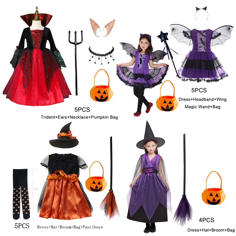 Halloween Vampire Dress&Broom+Hat Girls Ghost bride Witch Costumes Gothic Clothes Sally Pumpkin Suit Bat Girl Vampires Clothing