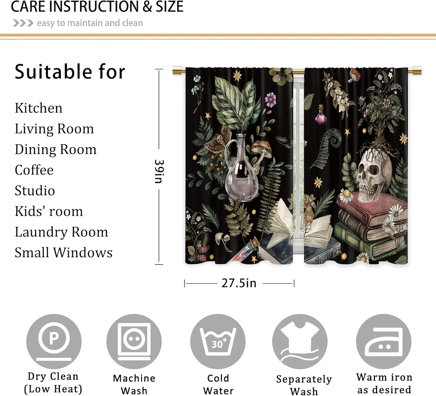 Witch Skull Potion Book Curtain 2 Panels Fern Mushroom Death Moth Black Background Kitchen Bedroom Gothic Witch Home Curtains
