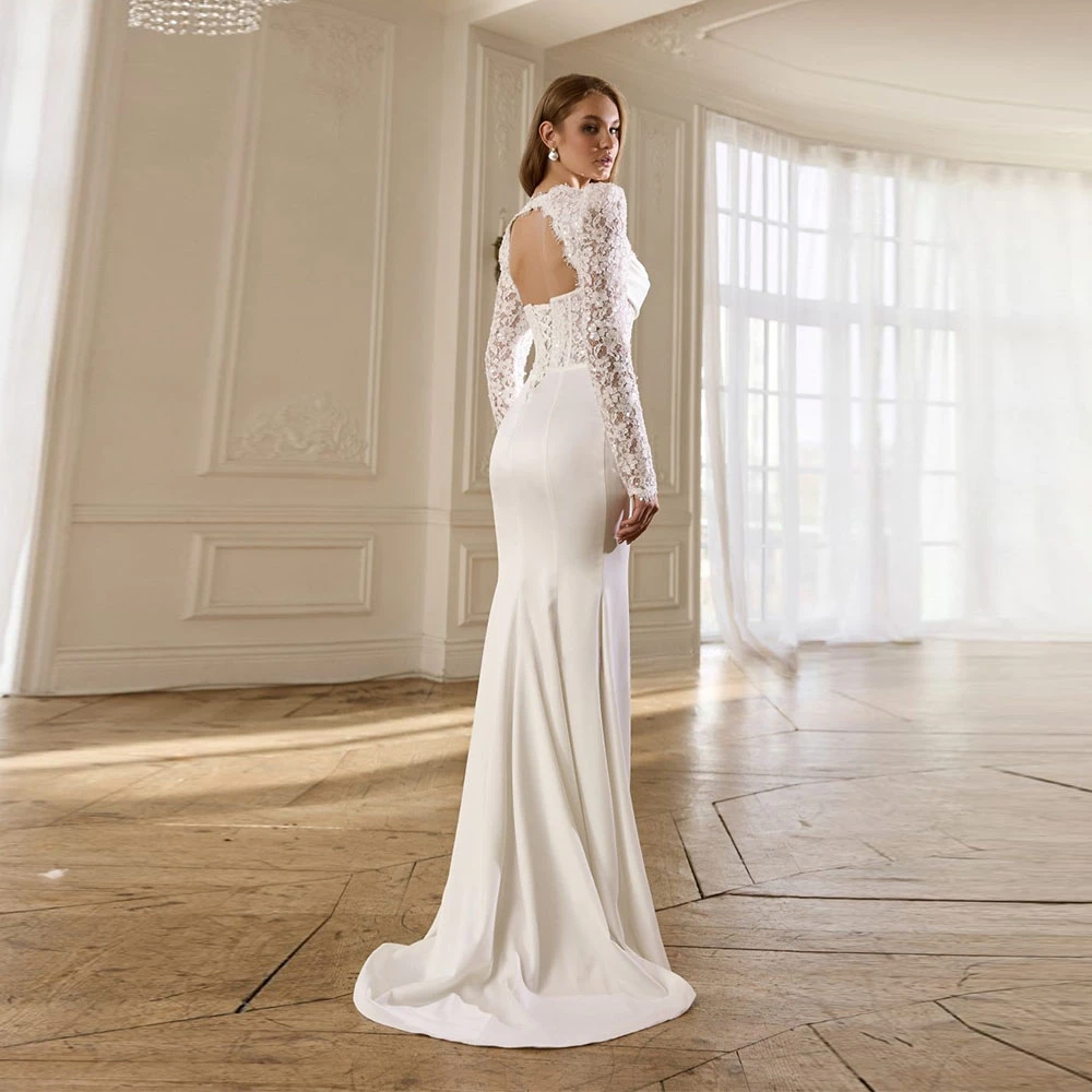 Customized Unique Mermaid Wedding Dress Sweetheart Long Sleeves Pleat Sequined Lace Trumpet Bridal Gown Robes De Mariée