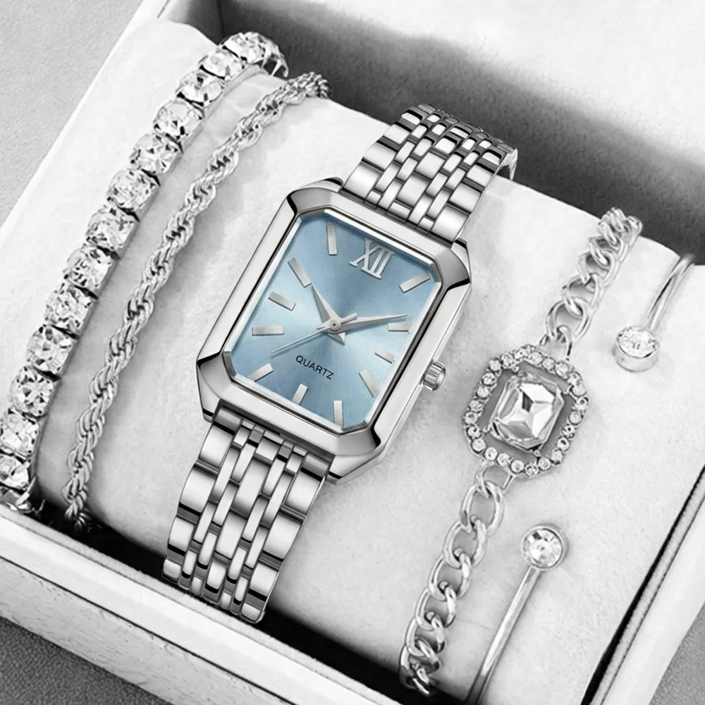 5Pcs/Set Unisex Jewelry Watches Women's Wristwatch Accessories Silver Blue Fashion Trendy Business Elegant Classic Exquisite Retro Light Luxury Rhinestone Luxury Bracelet Watch Set Suitable for Travel, Daily Outfits, Y2K Perfect Holiday Gift