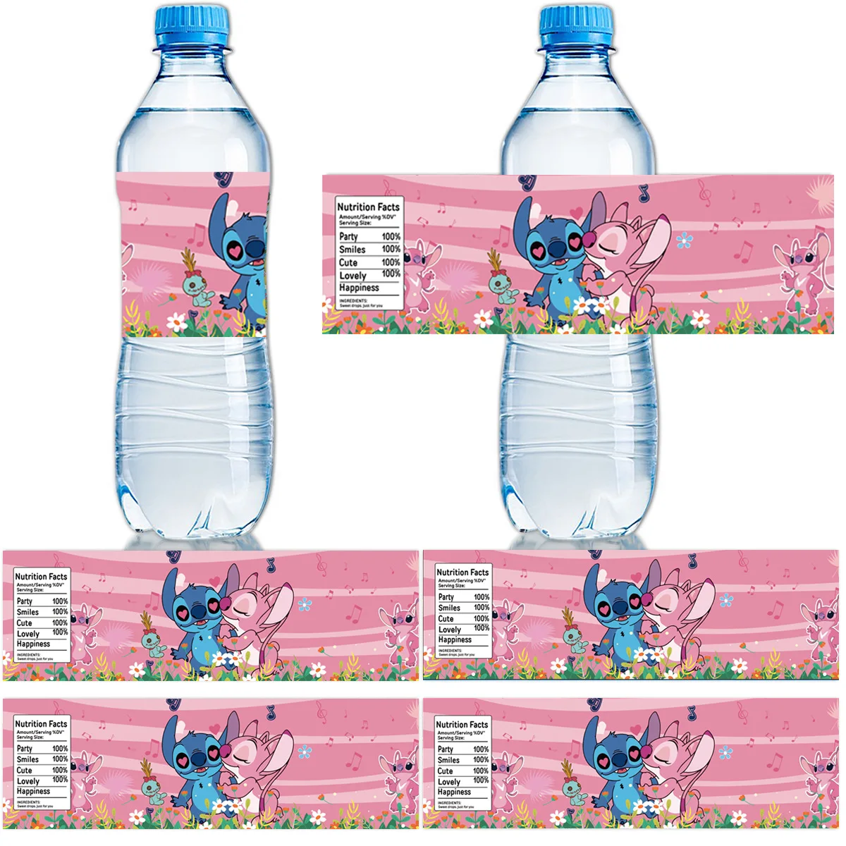 2025 New Disney Stitch Theme Mineral Water Bottle with Cartoon Cartoon Birthday Party Decoration Packaging Stickers Wholesale