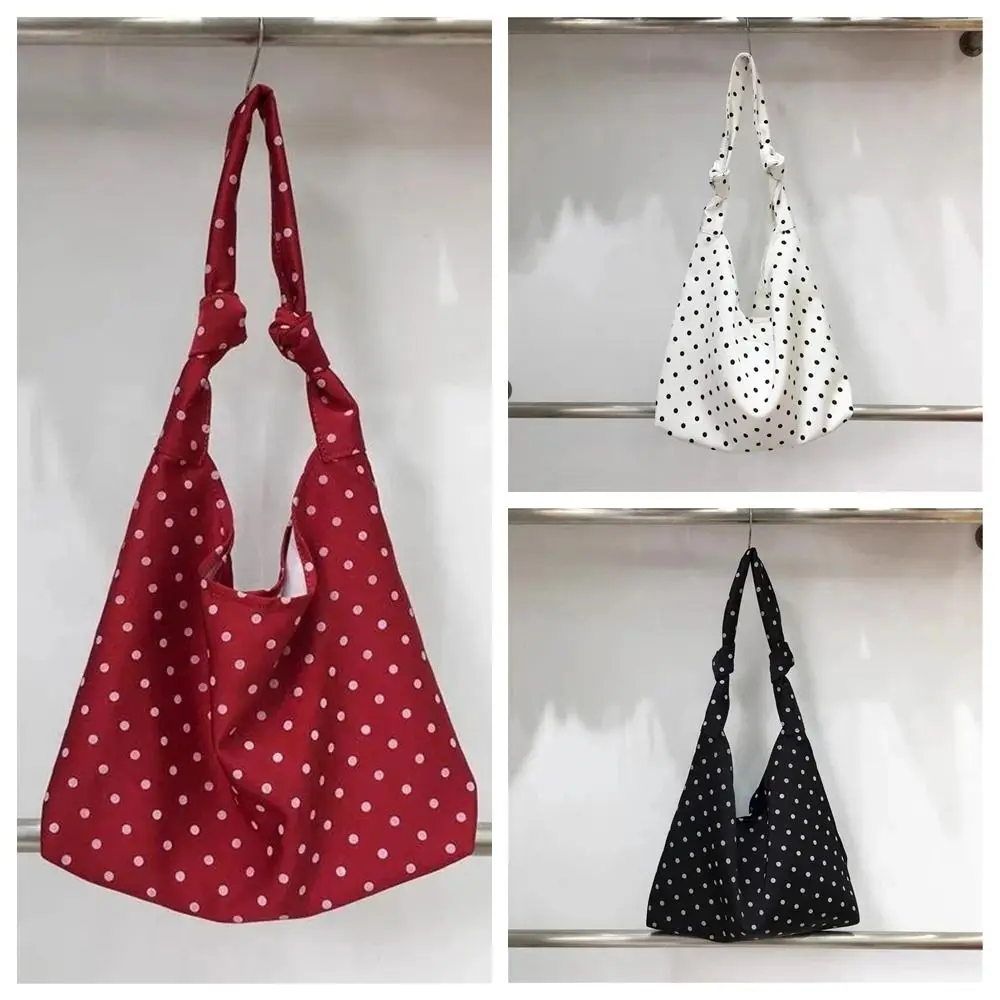 

Fashion Canvas Shoulder Bag Bow Tie Design Casual Tote Bag Polka Dot Pattern Shoulder Strap Handbag Summer