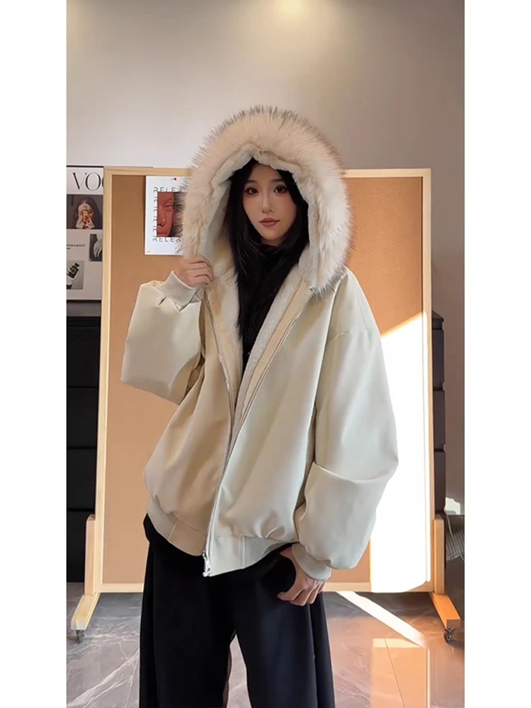 

Теплая куртка с флисовой подкладкой в американском стиле, с капюшоном и большим меховым воротником, для мужчин и женщин, с узором «Горный орёл», из искусственной кожи.