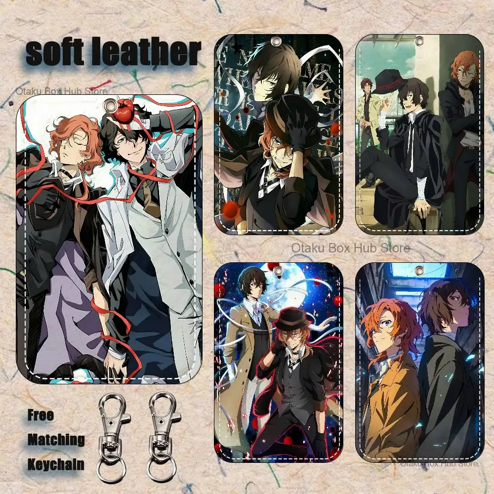 

S-Soukoku Osamu Dazai Chuuya Nakahara Pattern Leather Card Holder Keychain Key Ring Door Lock Access Tag ID Card Case Keychain
