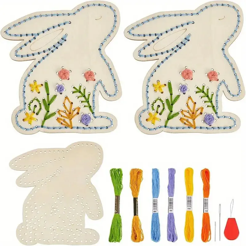 Kreuzstich-Set in Hasenform, Holzornamente, Oster-Hängedekoration, Basteln für Heimdekoration, DIY, Oster-Bastelbedarf