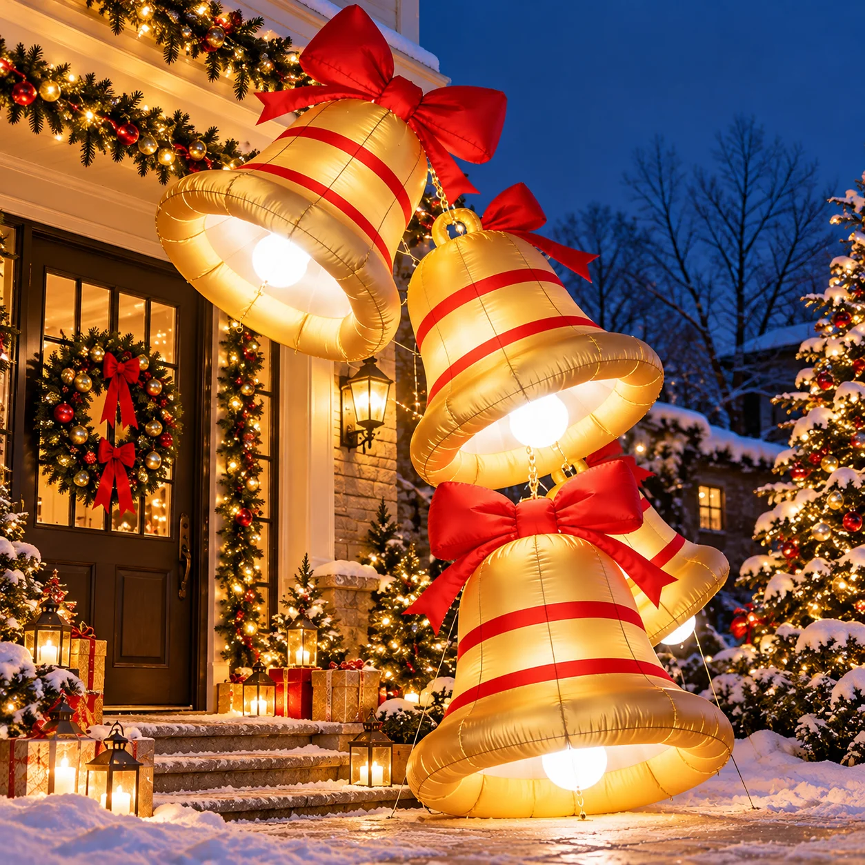 6FT Christmas Inflatable Golden Bells, Oxford Cloth Yard Decor with Built-in LED Lights, Blower & Ground Stakes Included