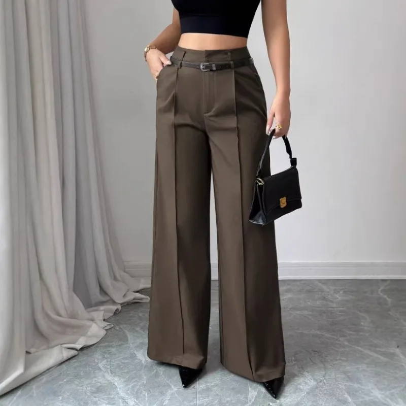 

High Waist Pants Women Summer 2026 New Casual Belt Wide-leg Trousers Ladies with Pockets Office Wear Pantalones Mujer Solid Pant