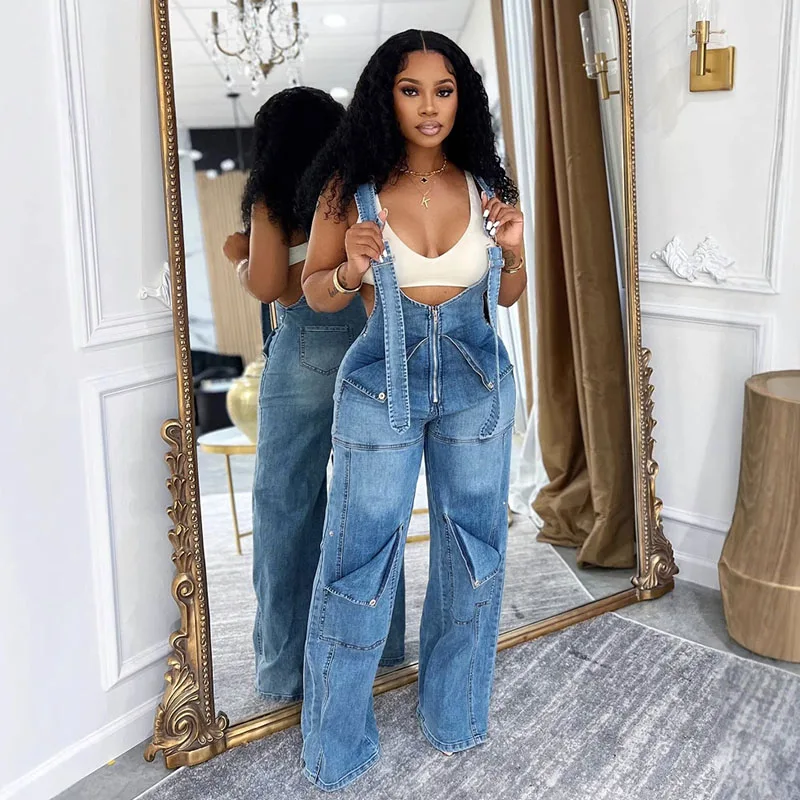 Active Wear Solid Denim Casual Jumpsuit Women Patchwork Wide Leg Pants One Pieces Romper Loose Streetwear Bandage Jeans Overalls