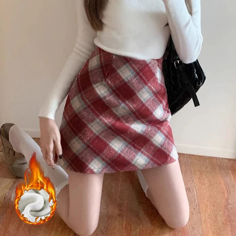 Winter Female Velvet Hip Wrap Skirts Girls High Waist Solid Plush A-line Dress Lady Snow Warm Plaid Designer Thin Skirts