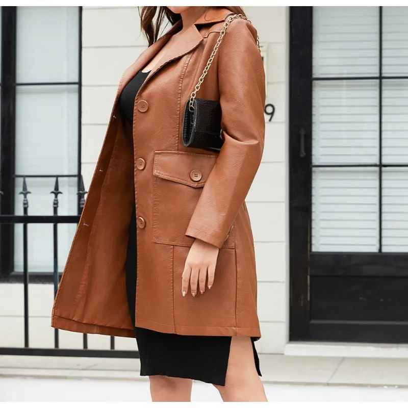Nowa długa skórzana kurtka na wiosnę 2025, skórzany płaszcz typu trencz z długim rękawem, modna brytyjska kurtka damska z klapami, jednorzędowa.