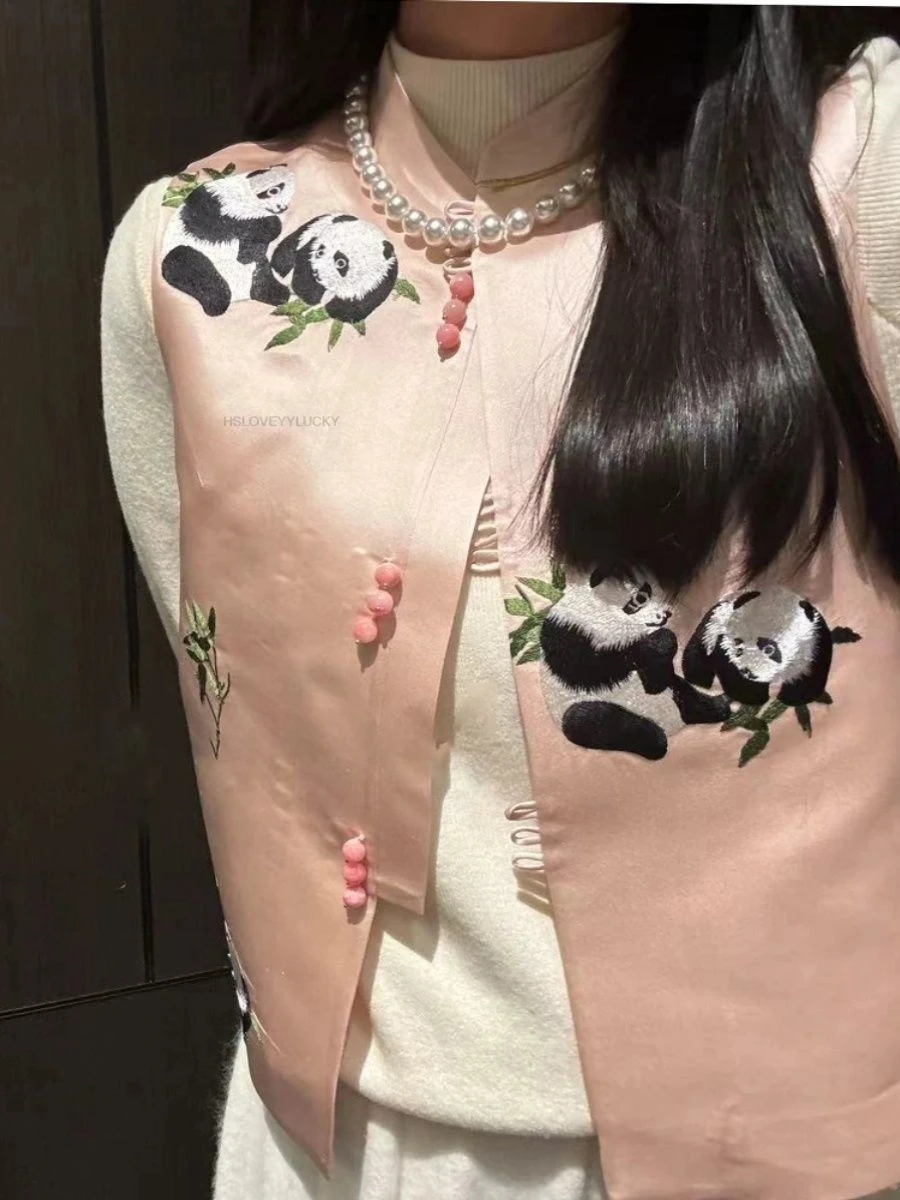 2024 Spring New Chinese Style National Wind women's Elegant And Unique Panda Top Embroidery Lovely Panda Vest Cheongsam Vest