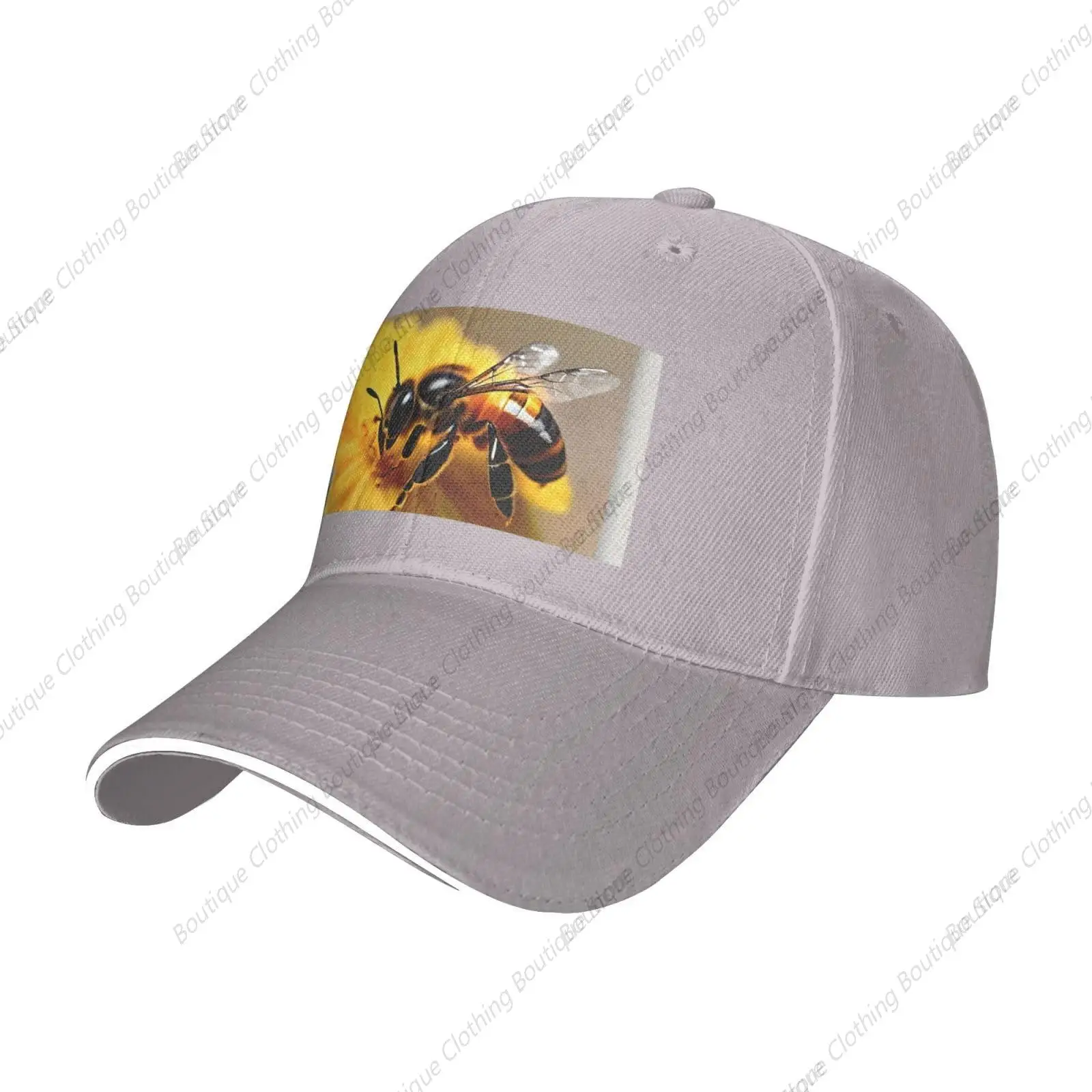 

Honey Bee and Flower Print Sandwich Baseball Cap, Classic Baseball Cap, Adjustable Fashion Outdoor Cap Gray