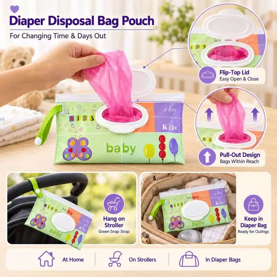 Strawberry Scent Flip‑Top Diaper Disposal Bags, Baby Nappy Sacks, Stroller Accessories for Outdoor Outings