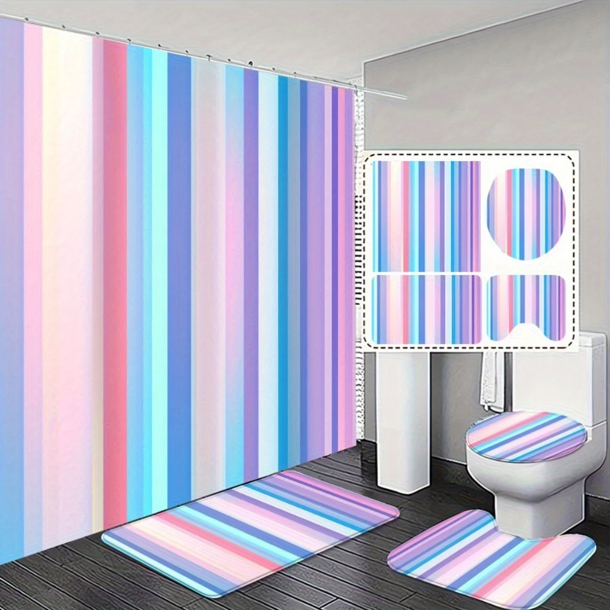 

4 шт., полосатый набор для ванной комнаты профессионального качества — нескользящие водопоглощающие коврики и затемняющие занавески для душа, изысканные и