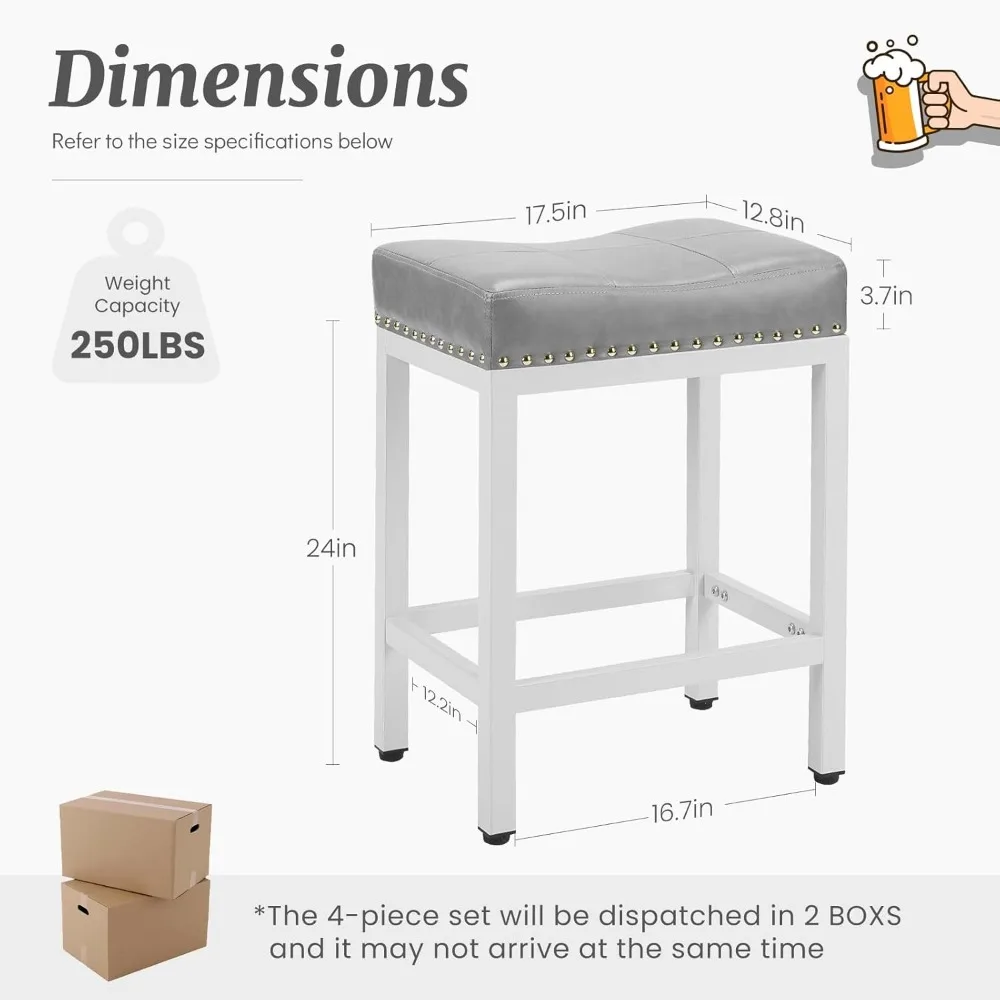 

Modern Gray Saddle Bar Stools Set of 2, 24 Inch Counter Height with PU Leather & Footrest for Kitchen Island Dining Cafe