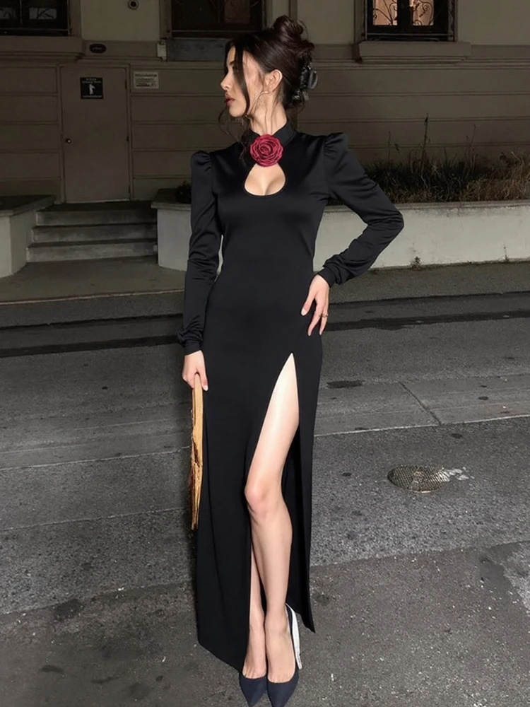 이상한 푸스 아플리케 섹시한 스플릿 드레스 여성 Y2K 홀터넥 어깨 패드 롱 슬리브 우아한 이브닝 스트레치 스키니 맥시 바디콘