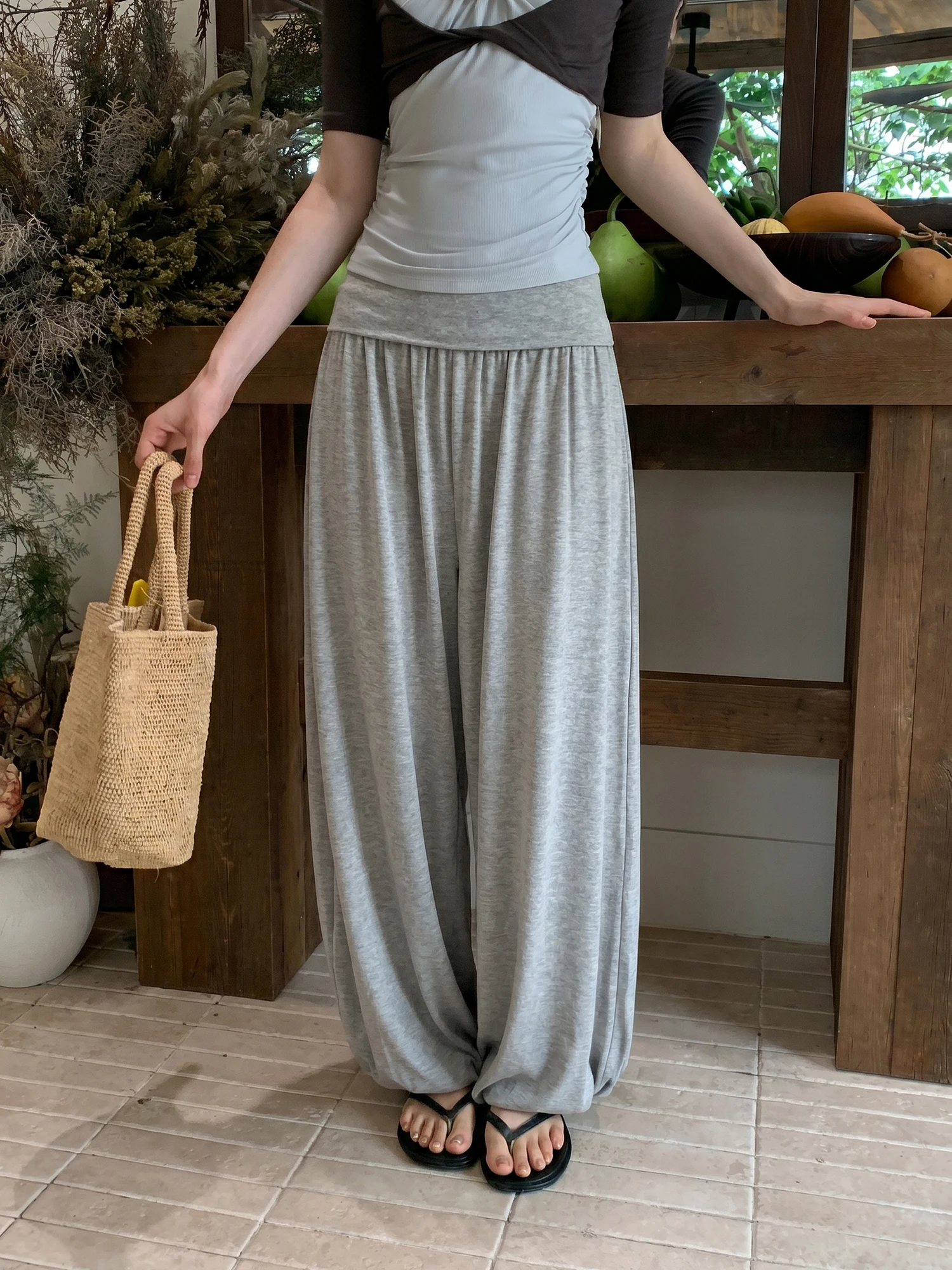 Slimming Wide Leg Pants Casual Lantern Pants Women's Summer Loose Fit Draped Pants Foldover Design Comfortable Straight Leg T...