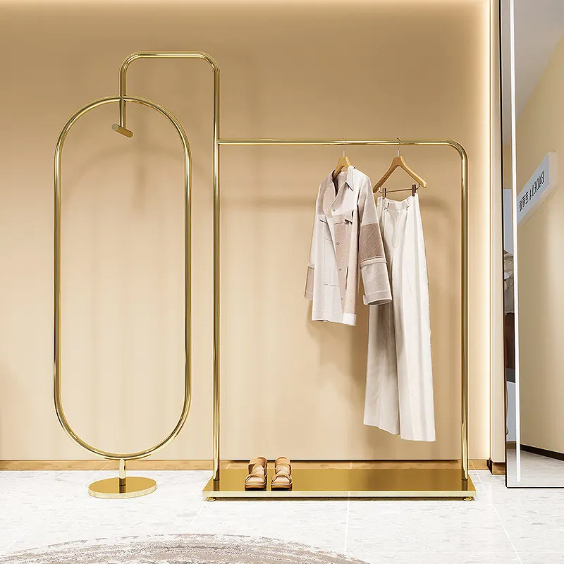 

Напольная вешалка для одежды из нержавеющей стали с титановым покрытием, для демонстрации женской одежды в магазине.