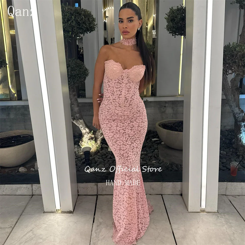 

Qanz Elegant Lace Evening Dress Mermiad Pink Dresses For Wedding Guests Sweetheart Corset Back Vestidos De Fiesta Customized