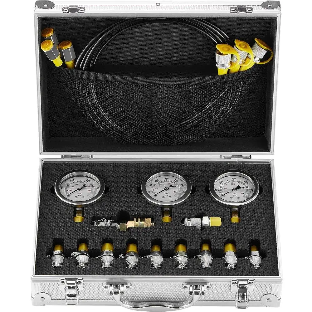 

Hydraulic Pressure Test Kit 250 400 600bar 3 Gauges 11 Test Couplings 3 Test Hoses Portable Design Heavy Machinery