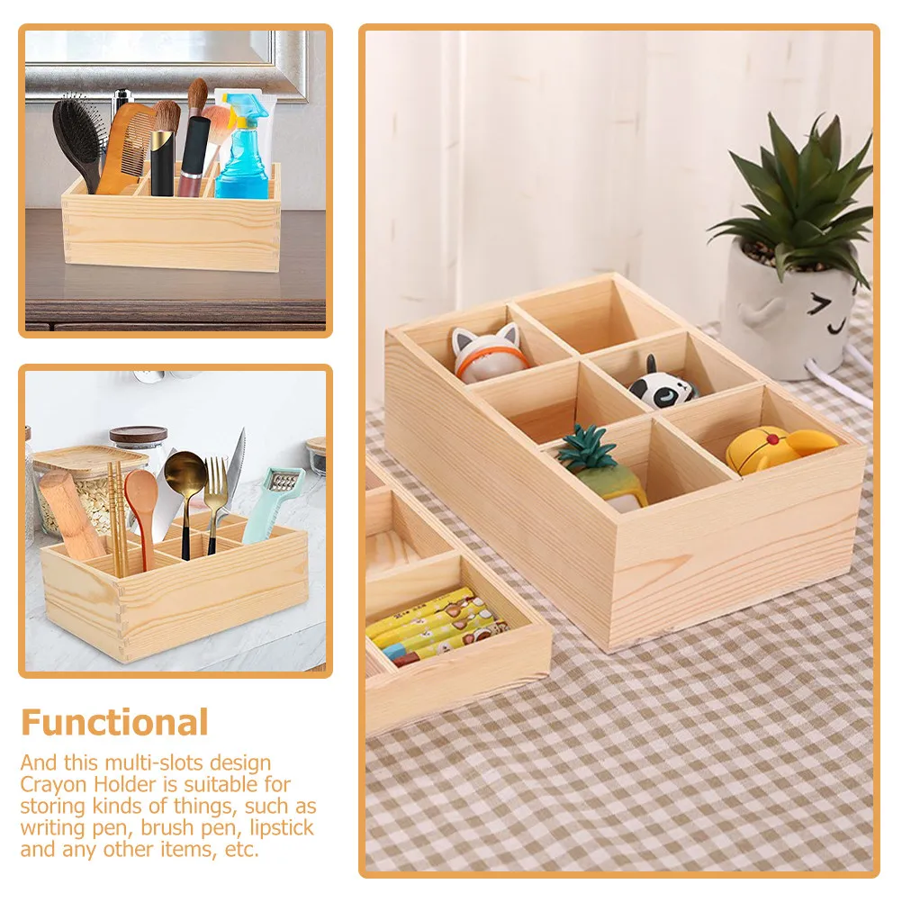Multi Purpose Storage Box Crayon Boxes Pen Holder Desk Accessories 6 Compartment ganizer Makeup Brush Pencil Case Pine Wood
