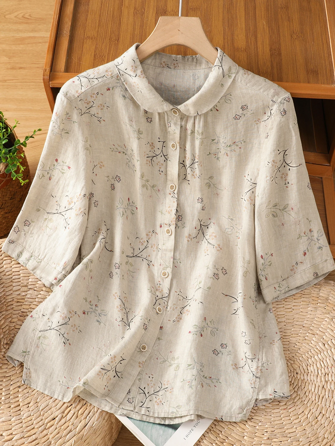 

New 2025 Summer Women's Cotton Linen ort Sve irt Floral Print Midi Sve Versatile Loose Fit irt Casual Ele Sle