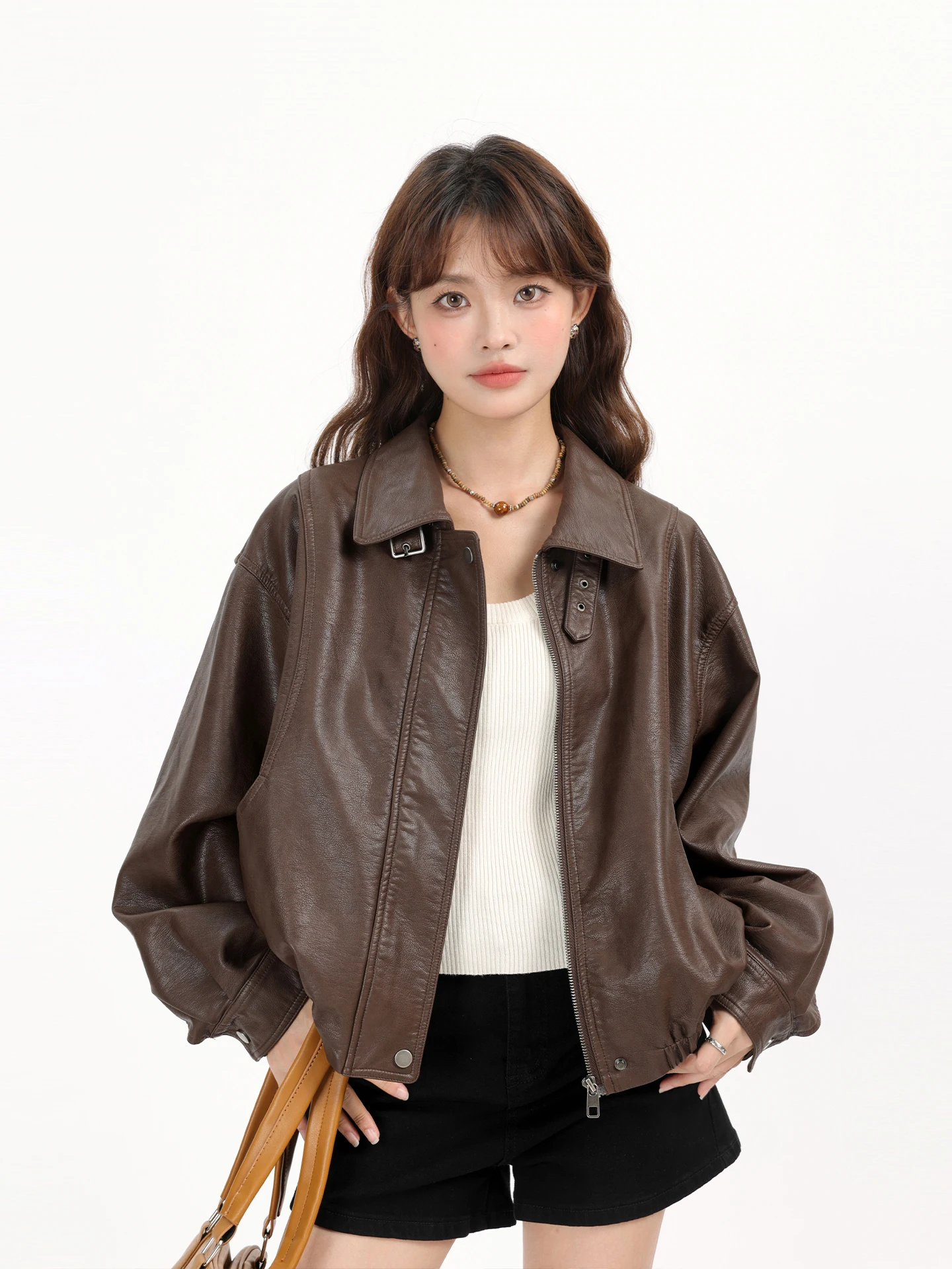 Retro Brown PU Leather Jacket  Collar Loose Fit Motorcycle Style Early Autumn New Arrival Elegant Short Length Coat