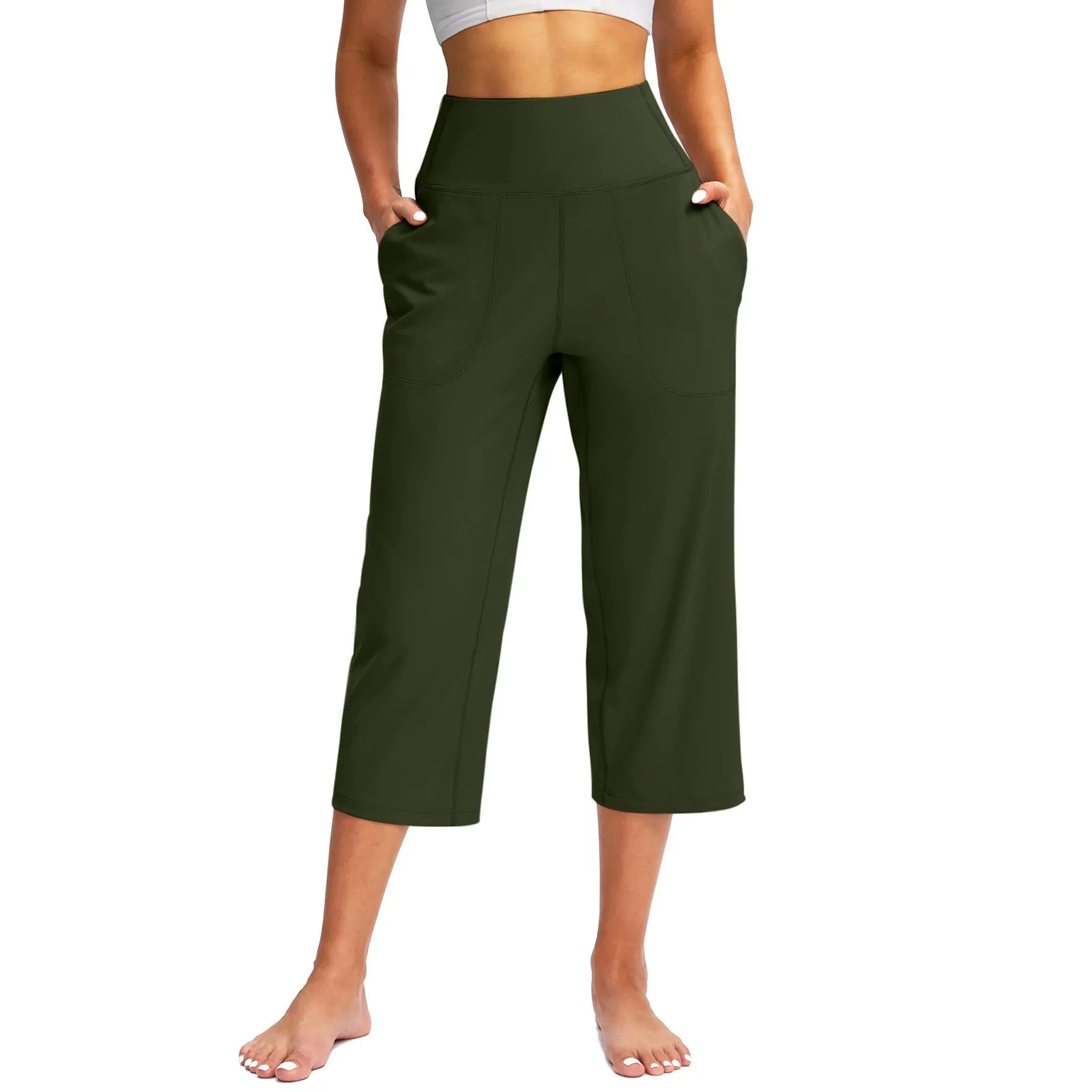 Women Elastic High Waist 3/4 Pant Casual Active  Fit Wide Capris Leg Pants Trousers With Pockets Pants for Women Women’s Pants