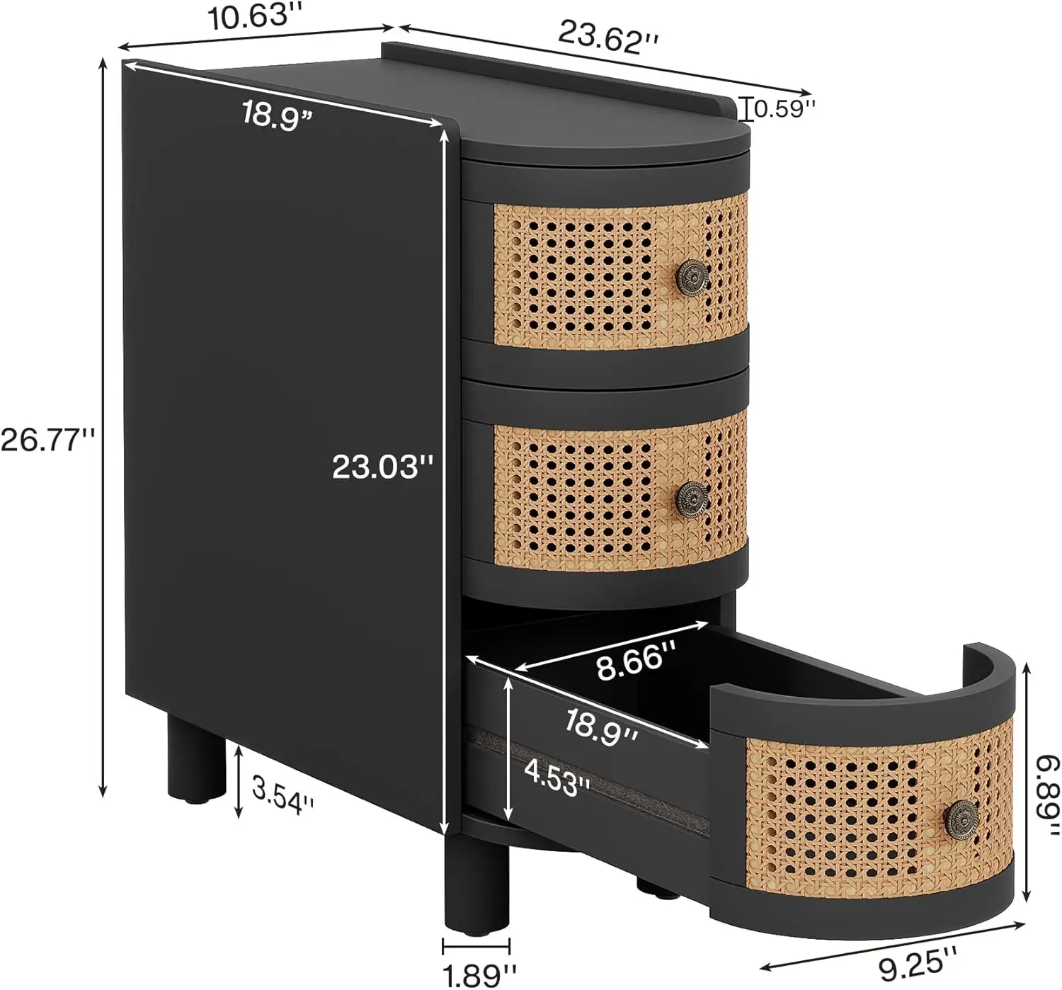 Tribesigns 3-Drawer Rattan End Table, Solid Wood Sofa Side Table with Vintage Embossed Handles, Slim Nightstand for Living Room,